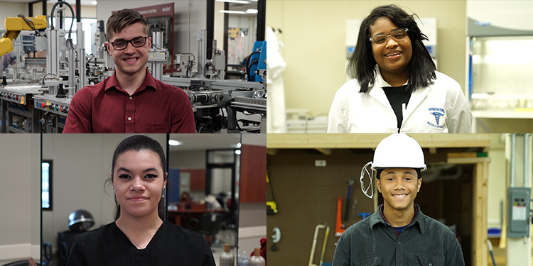 Four students in vocational attire and settings as part of training through Career Technology programs in Cincinnati are 