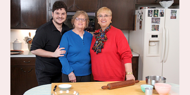 In Bethlehem, Pennsylvania, Lidia Bastianich (at right) visits Bonnie Boyer, who is renowned for her shoofly pie, and Bonnie’s grandson Adam. Photo by Meredith Nierman/WGBH.