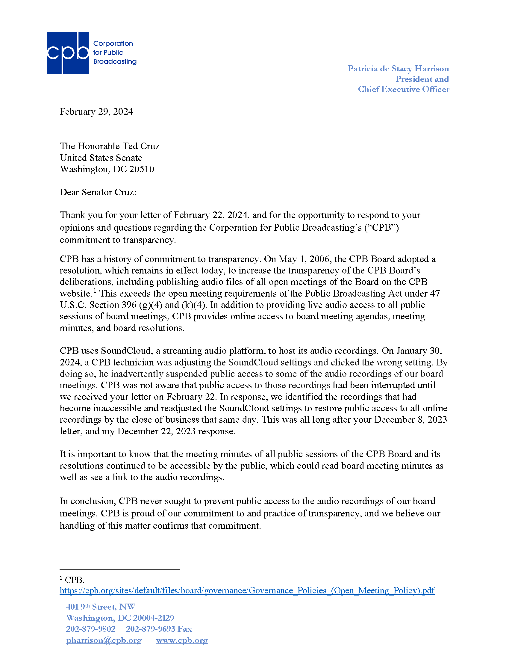 CPB Response Letter to Sen Cruz 2-29-2024 Page 1